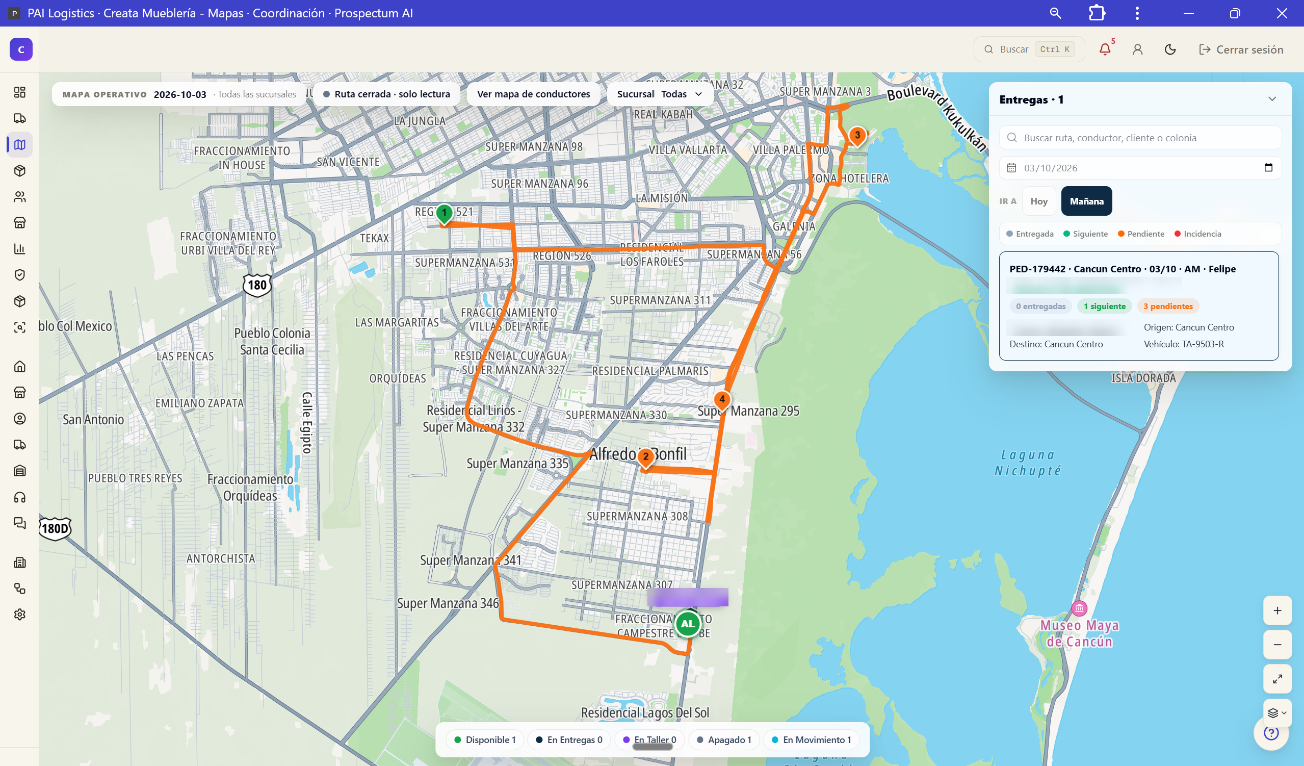 Mapa operativo con el recorrido de una ruta, sus paradas y la unidad en movimiento