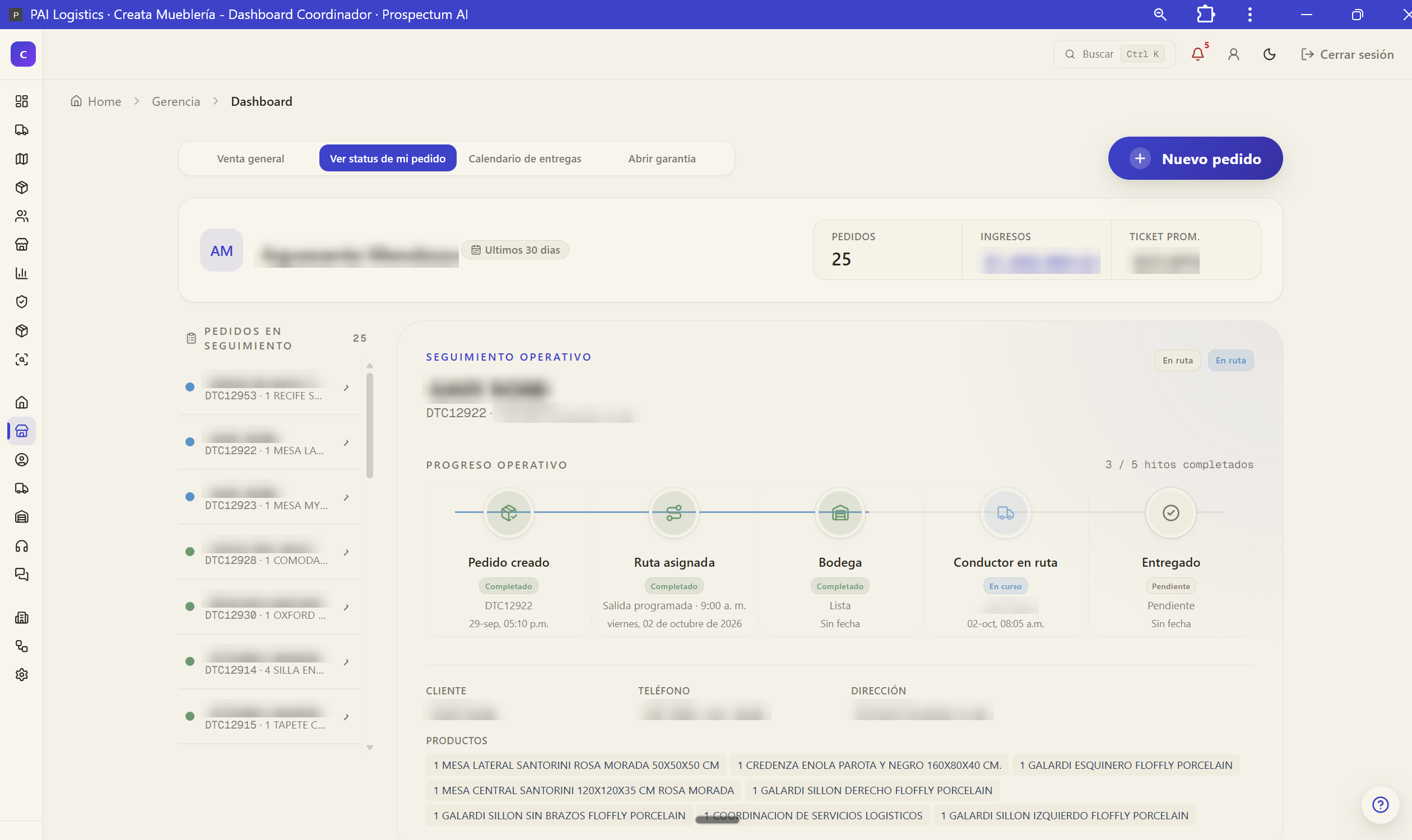 Seguimiento operativo de un pedido con sus cinco hitos, de pedido creado a entregado
