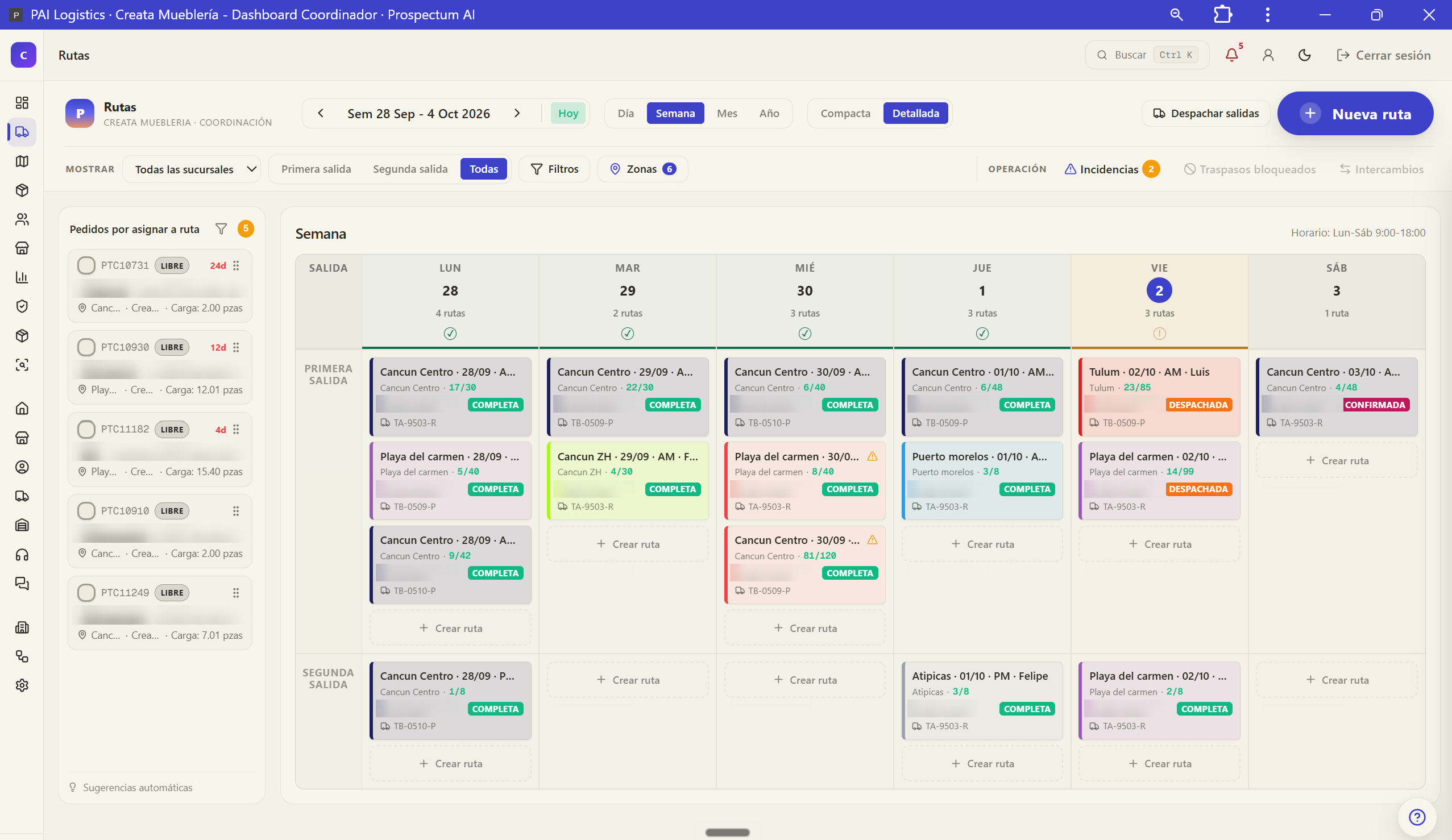 Tablero de rutas de la semana en PAI Logistics, con las salidas de cada día y los pedidos por asignar